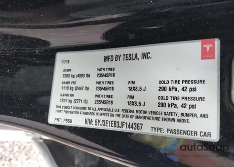 2018 Tesla Model 3 Long Range/Performance from USA, damaged, VIN 5YJ3E1EB3JF144367